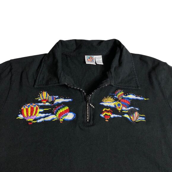 VTG Passion-I Top Womens L Black Hot Air Balloon Embroidered Bling 1/4 Zip Y2K - Picture 2 of 13